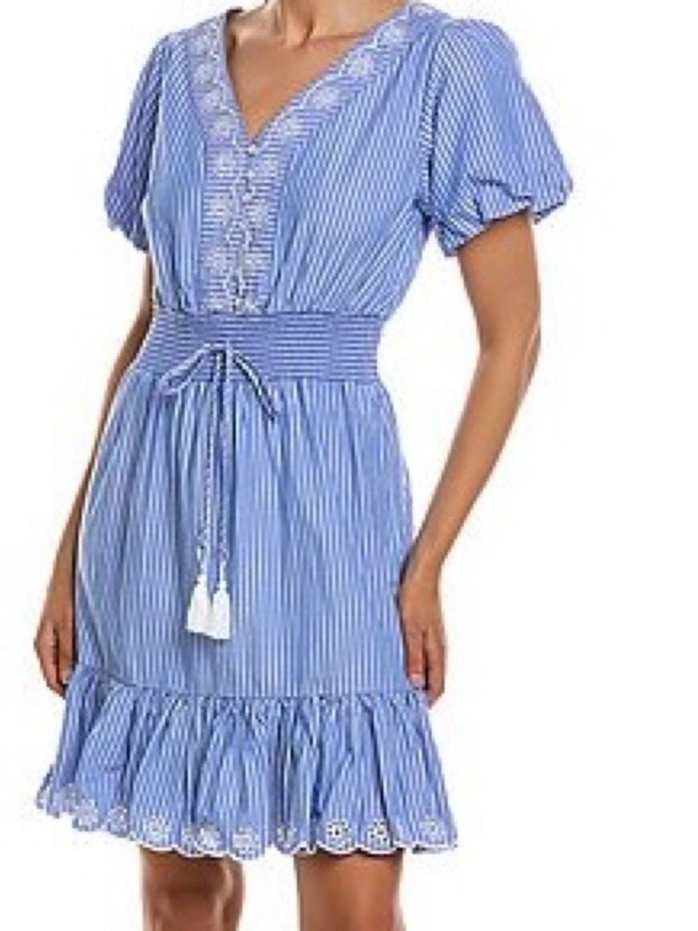 Nanette Lepore Light Blue Striped V-Neck Tie-Waist Mini Dress